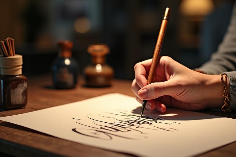 Filipino calligraphy artist demonstrating traditional lettering techniques at TalaScript Studios in Makati